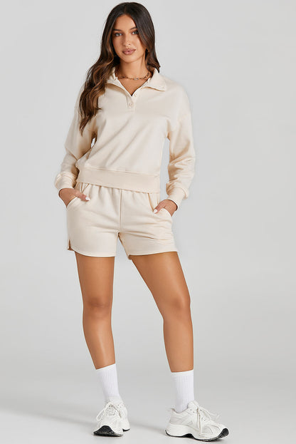 Chic apricot high neck henley top and shorts set