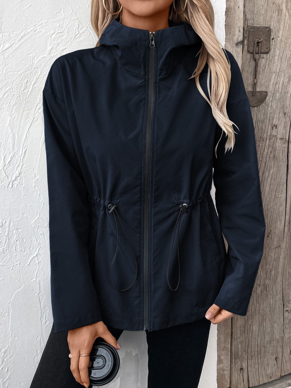 Drawstring Zip Up Hooded Jacket.