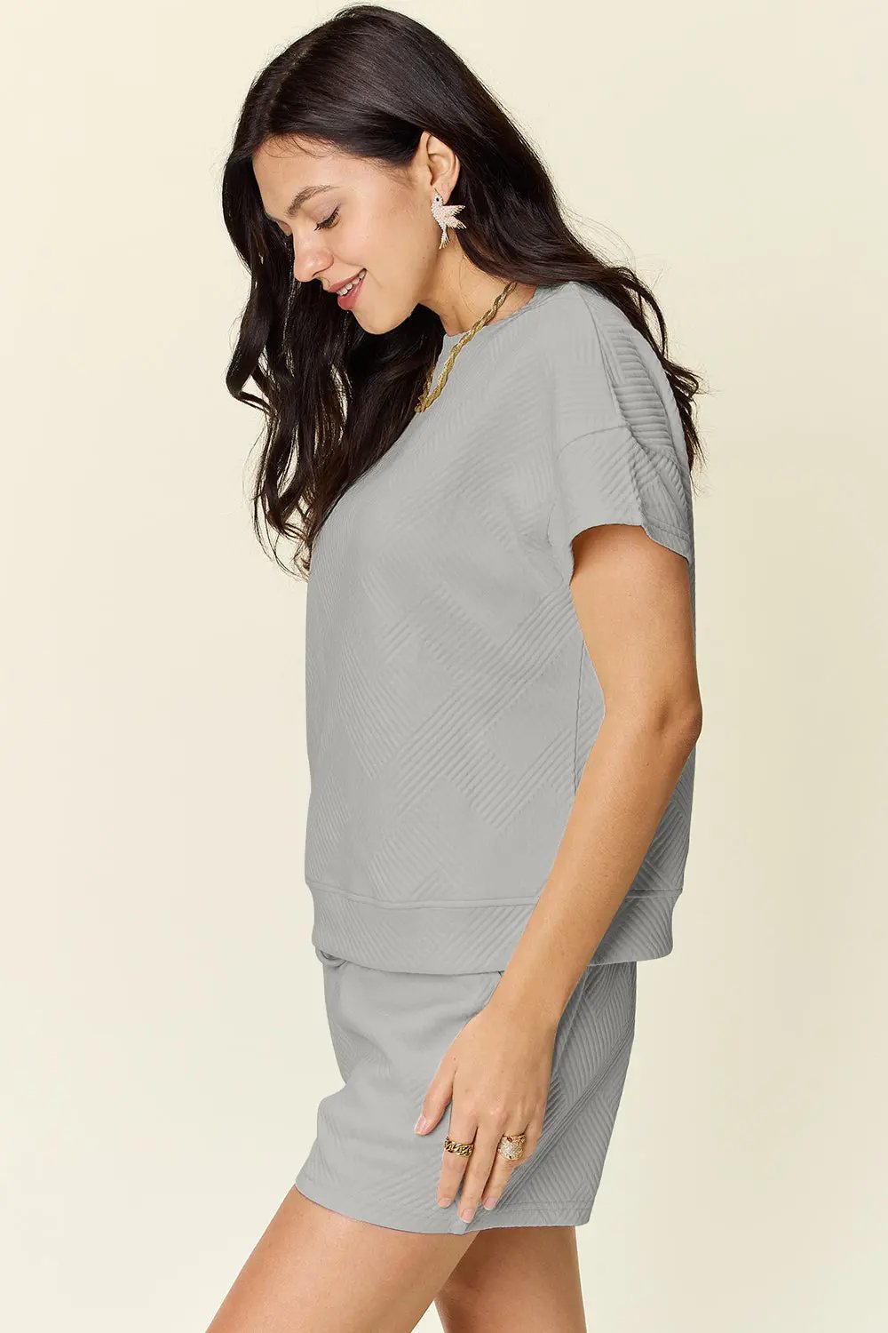 Double Take Full Size Texture Short Sleeve T-Shirt and Drawstring Shorts Set - Love Salve