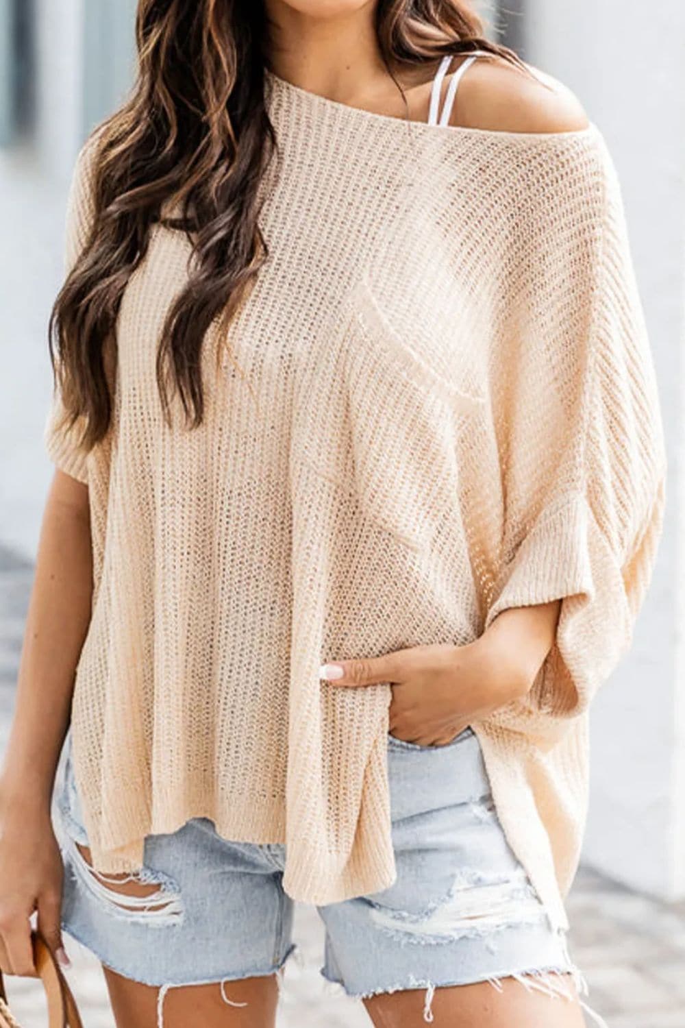 Slit Boat Neck Half Sleeve Knit Top.