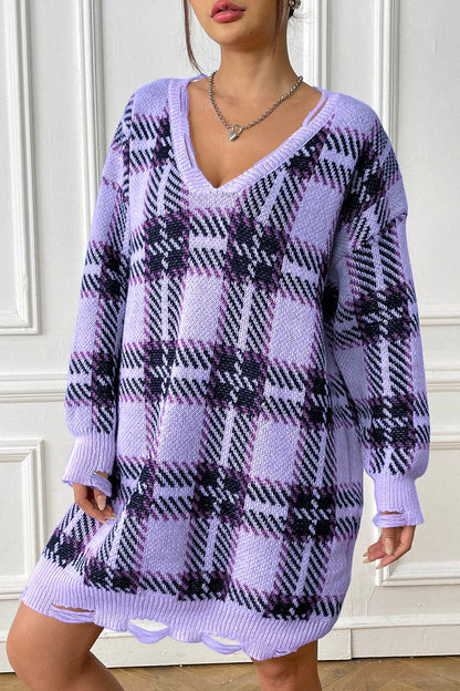 Plaid V-Neck Long Sleeve Sweater Dress.