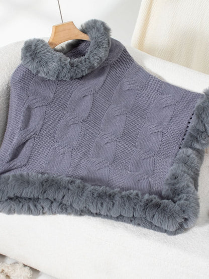 Cozy Cable-Knit Fuzzy Hem Poncho