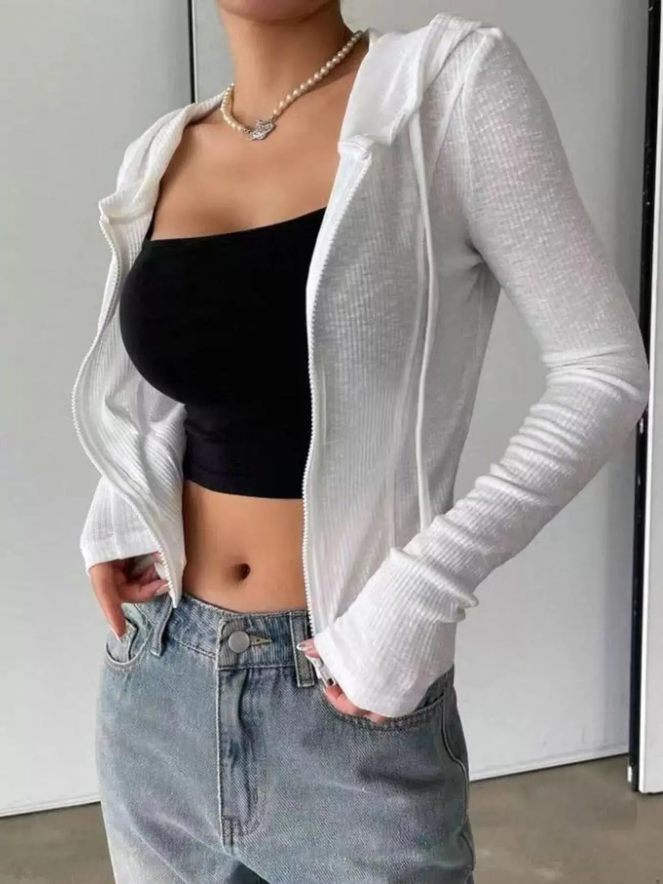 Ribbed Knit Cropped Zip-Up Outerwear Simply Love