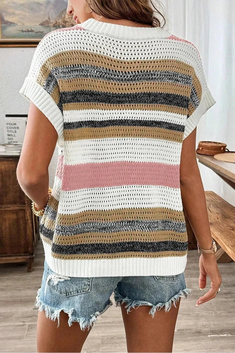 Stripe Color Block Eyelet Knit Short Sleeve Knit Top Simply Love