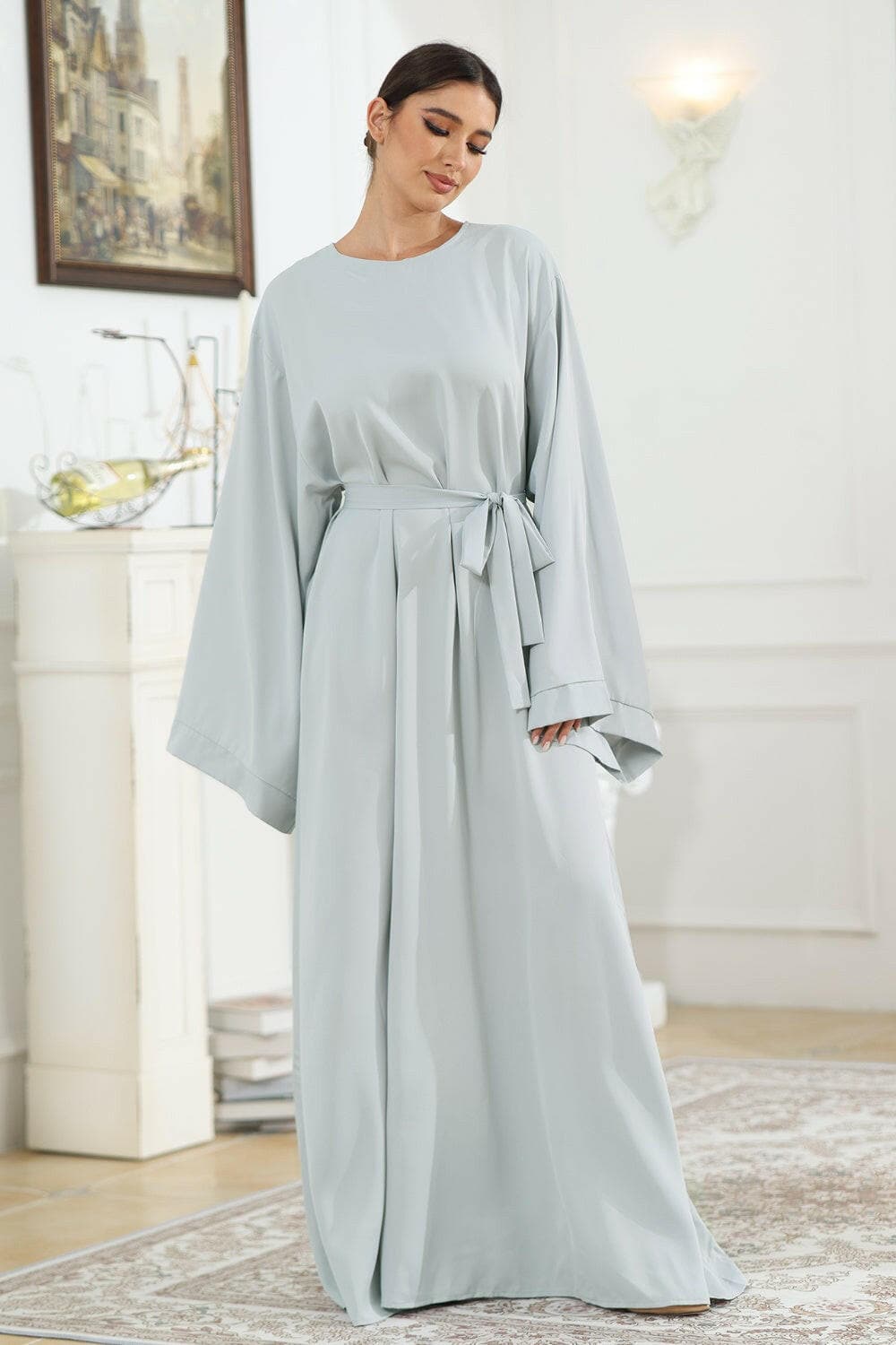 Round Neck Kimono Sleeve Tie Waist Dress.