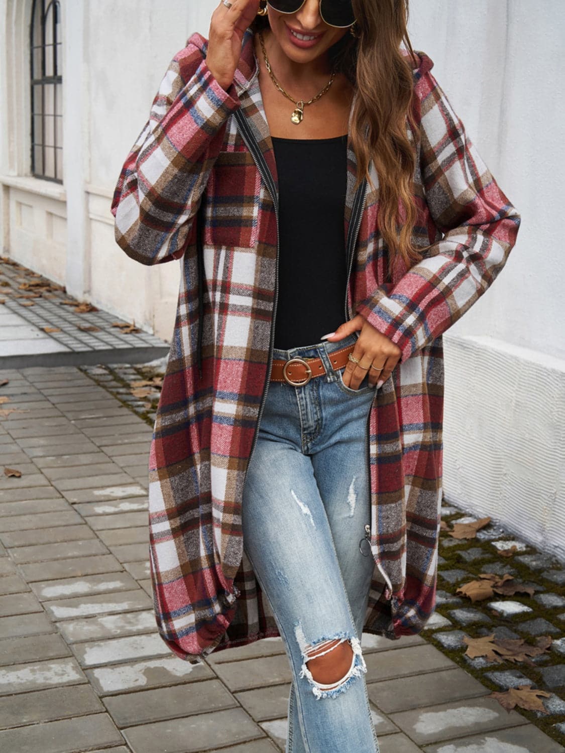 Plaid Zip Up Hooded Coat.