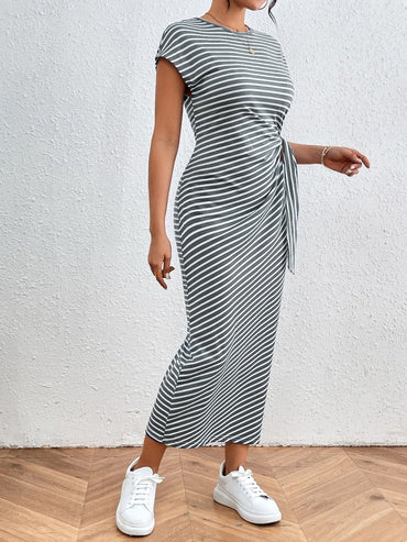 Tied Striped Round Neck Short Sleeve Tee Dress.