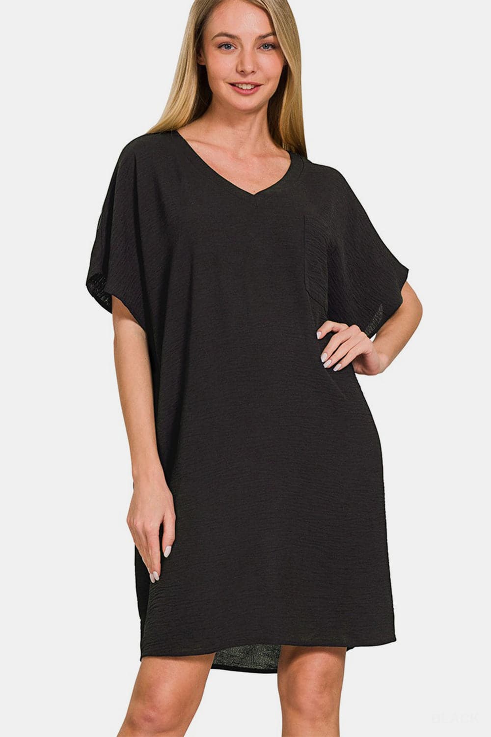 Zenana V-Neck Tee Dress with Pockets.