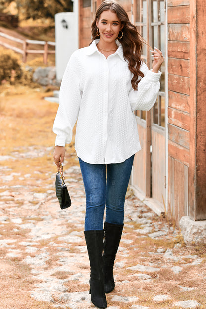 White Cable Texture Puff Sleeve Loose Shacket Casual Wear