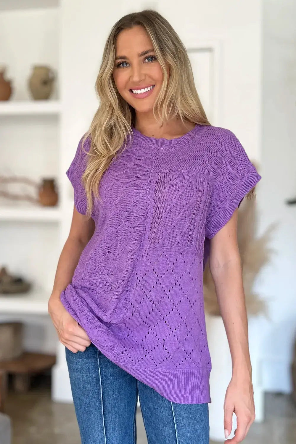 Double Take Full Size Cable-Knit Round Neck Cap Sleeve Sweater - Love Salve