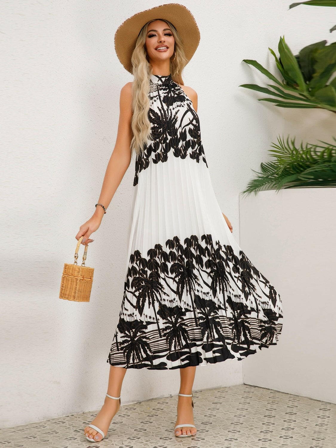 Tied Printed Sleeveless Midi Dress.