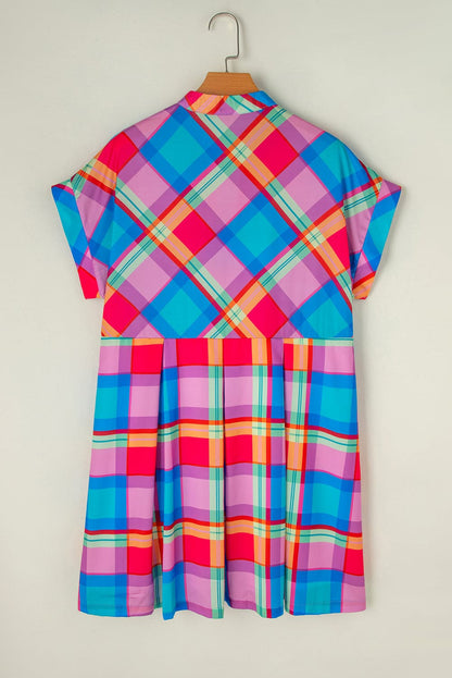 Plaid Notched Short Sleeve Mini Dress.