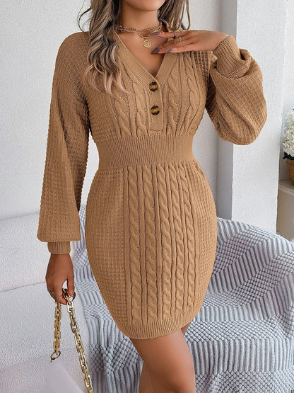 Buttoned Cable-Knit V-Neck Sweater Dress.