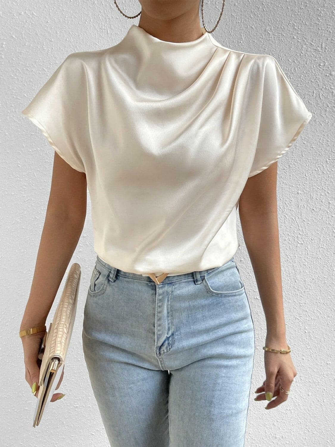 Ruched Mock Neck Short Sleeve Blouse.