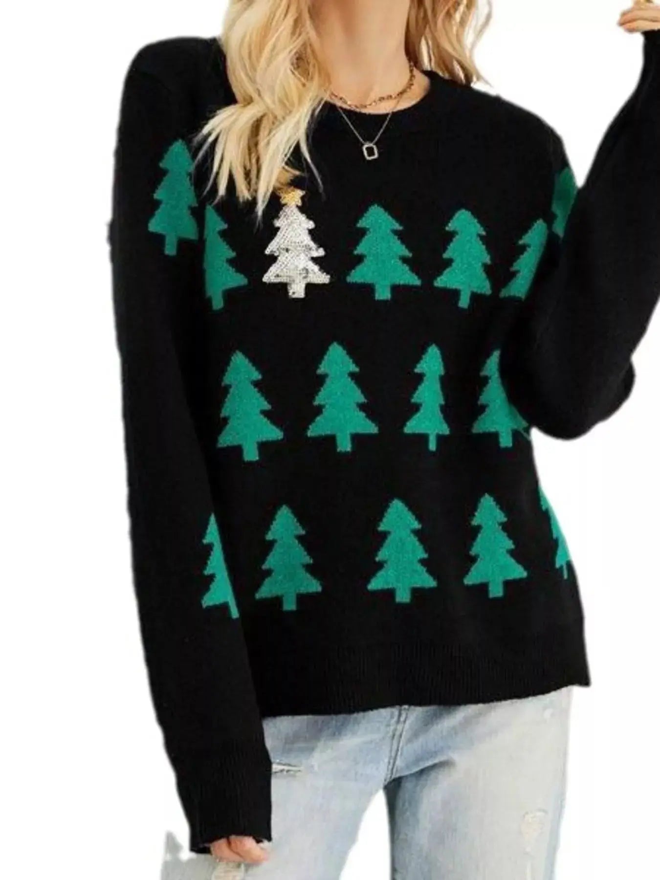 Christmas Tree Pattern Long Sleeve Sweater Simply Love