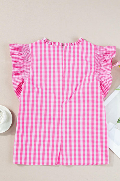 Ruffled Plaid Mock Neck Cap Sleeve Blouse.