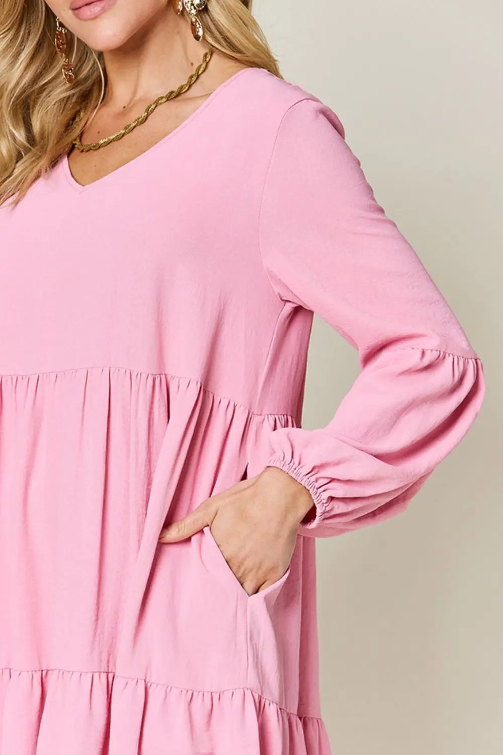 Double Take Full Size V-Neck Balloon Sleeve Tiered Dress - Love Salve