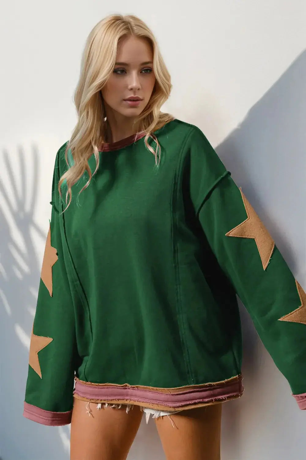 Double Take Star Patched Long Sleeve Sweatshirt - Love Salve
