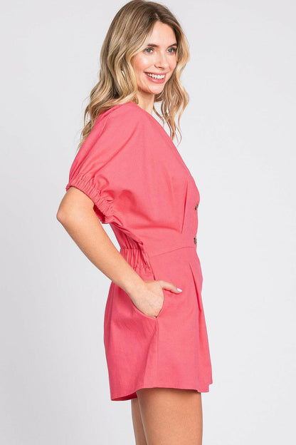 GeeGee Half Button V-Neck Linen Romper.