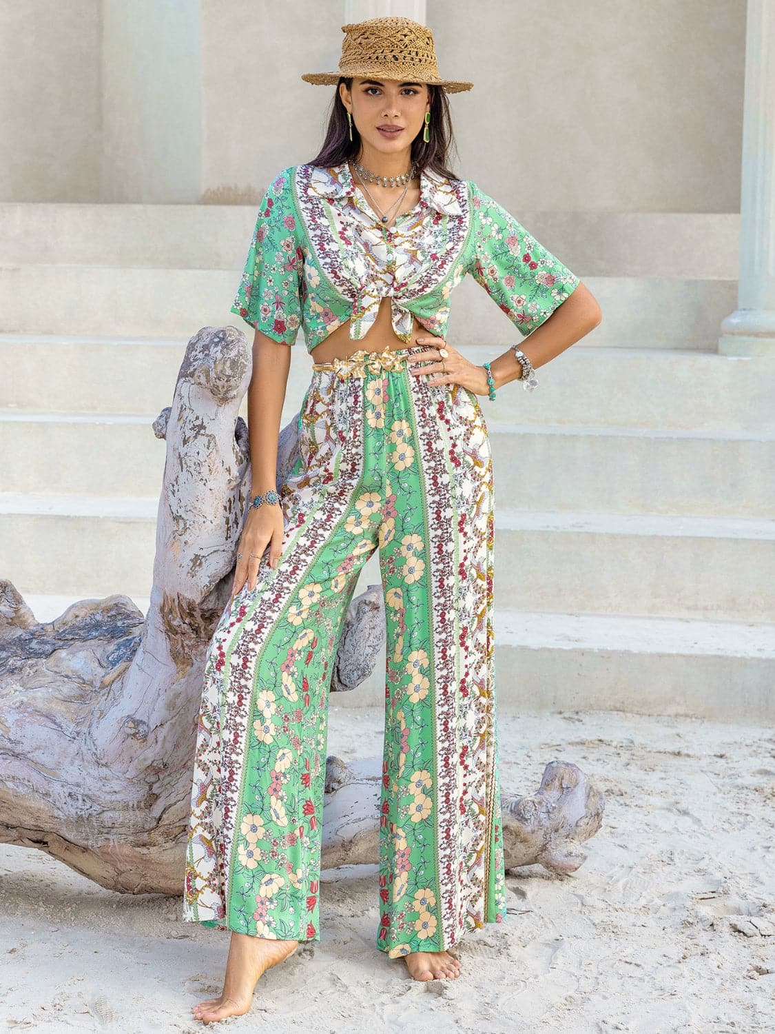 Printed Half Sleeve Top and Wide Leg Pants Set.