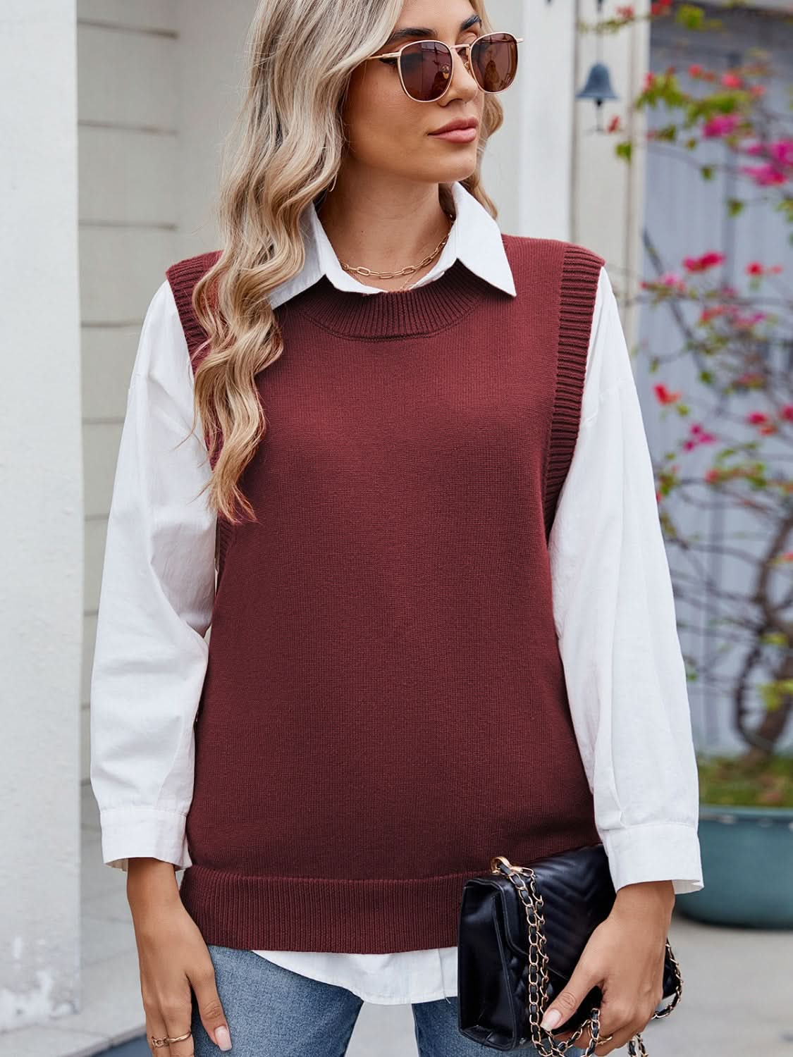 Buttoned Round Neck Sweater Vest