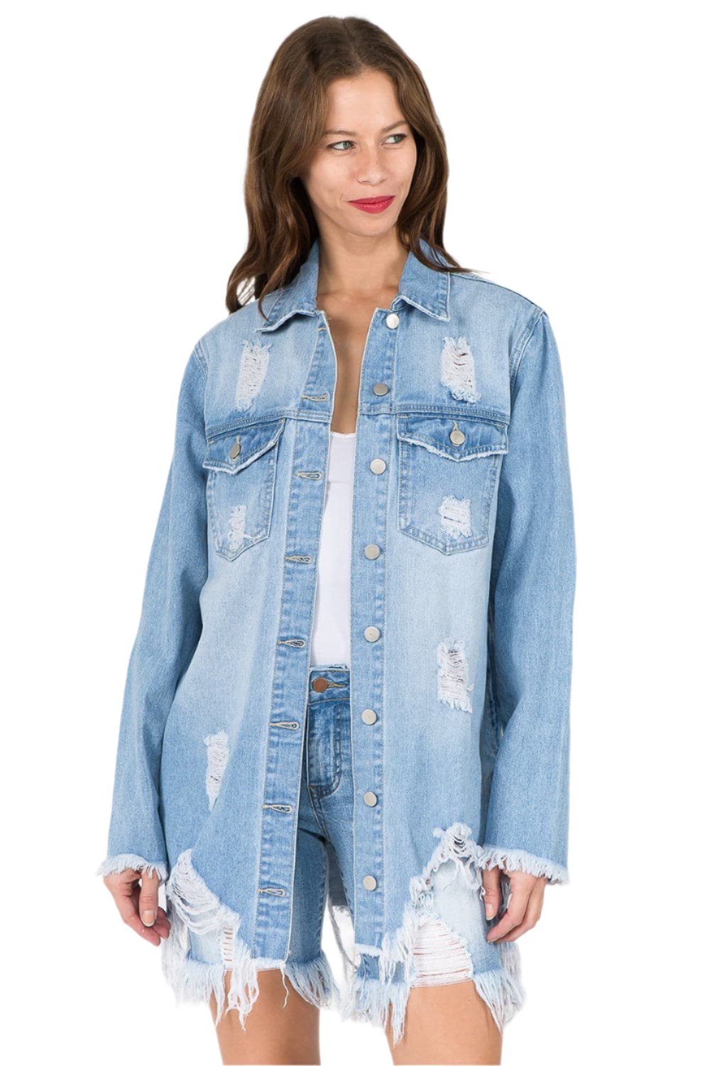 Chic distressed denim jacket with frayed hem