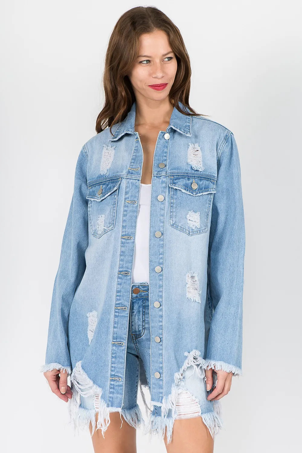 American Bazi Distressed Frayed Hem Denim Jacket - Love Salve 
