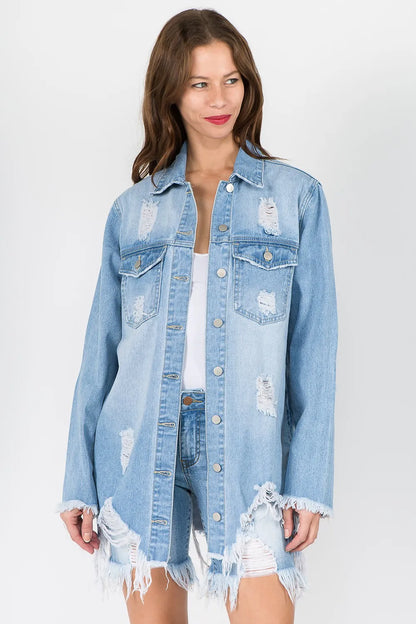 American Bazi Distressed Frayed Hem Denim Jacket - Love Salve 