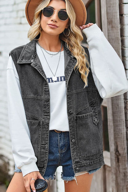 Sleeveless Denim Top with A Detachable Hood.