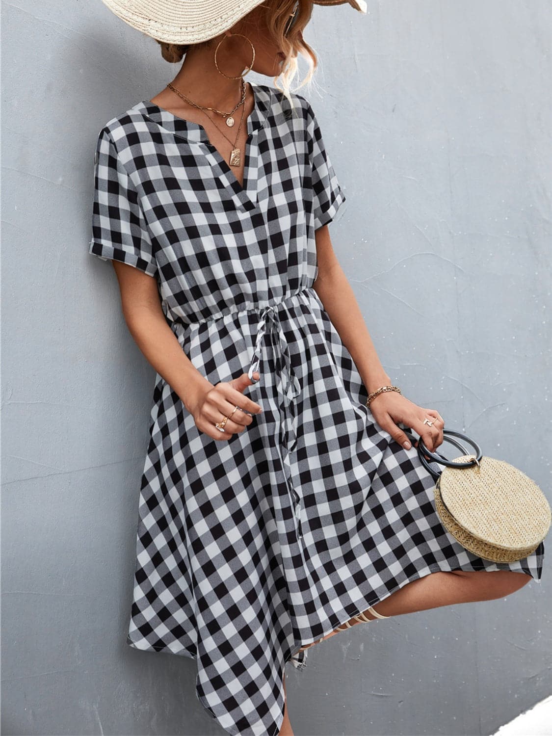 Plaid Notched Short Sleeve Dress.