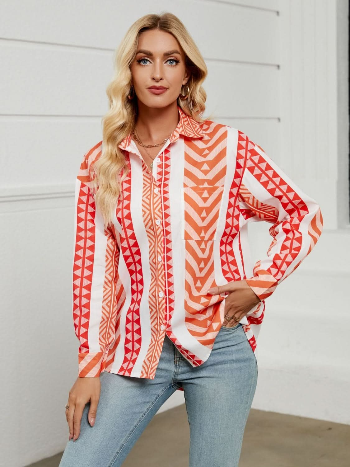 Geometric Collared Long Sleeve Button-Up Shirt