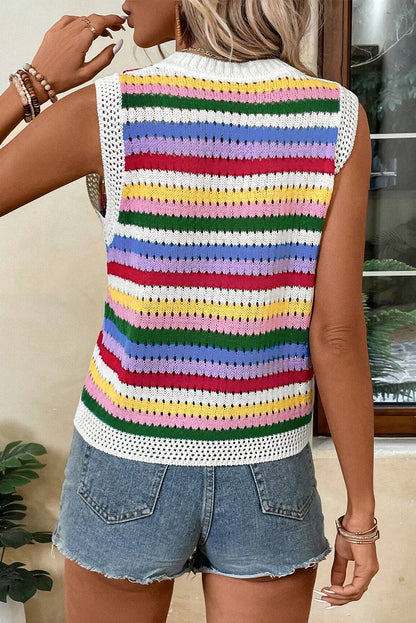 Vibrant striped knitted vest with eyelet detailing