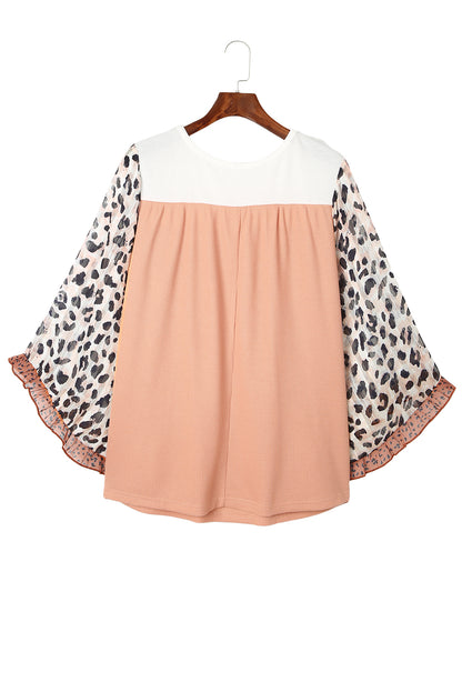 Chic khaki ruffle top with leopard print sleeves and color block design