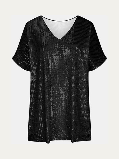 Full Size Sequin V-Neck Short Sleeve Top.