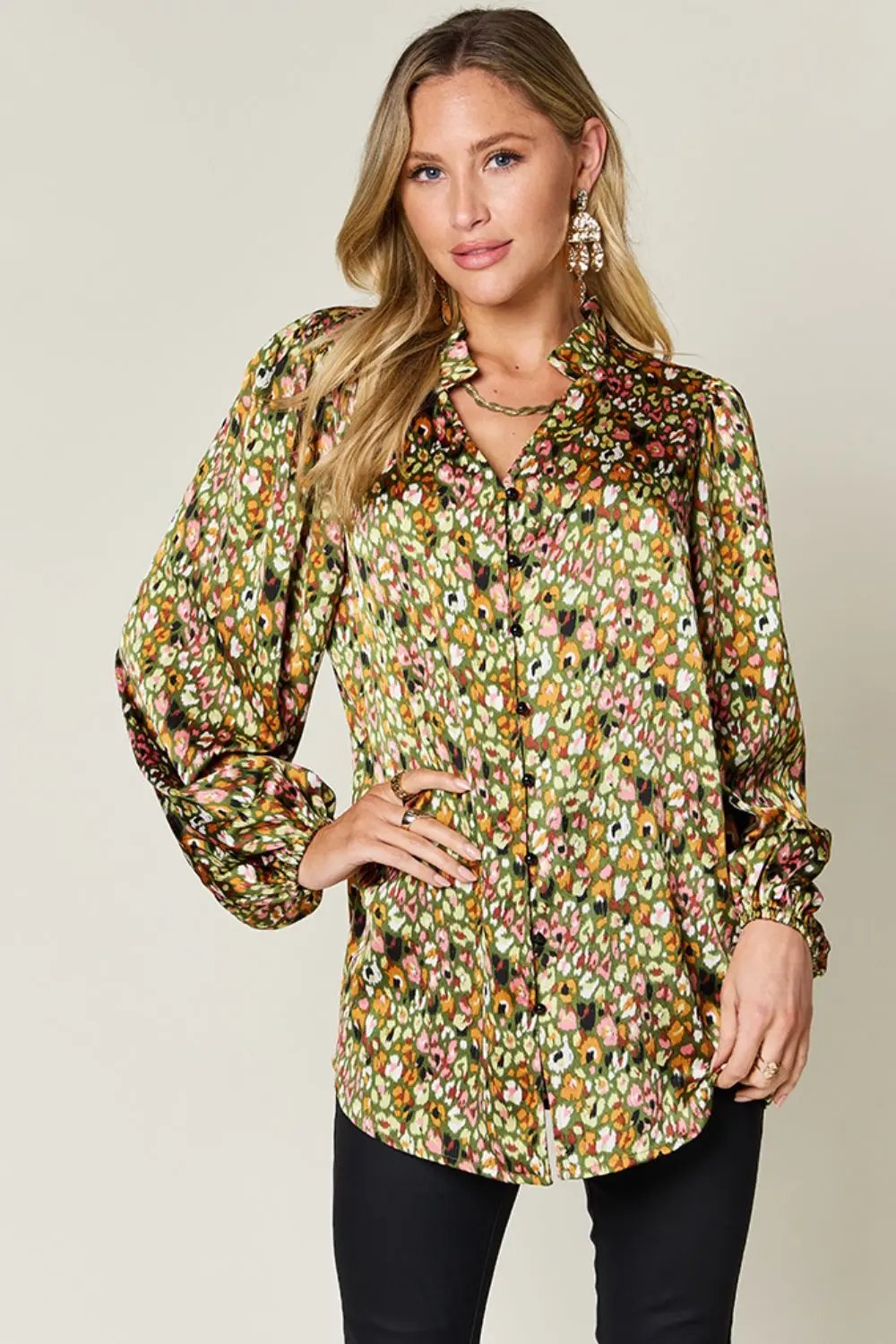 Double Take Full Size Printed Long Sleeve Blouse - Love Salve
