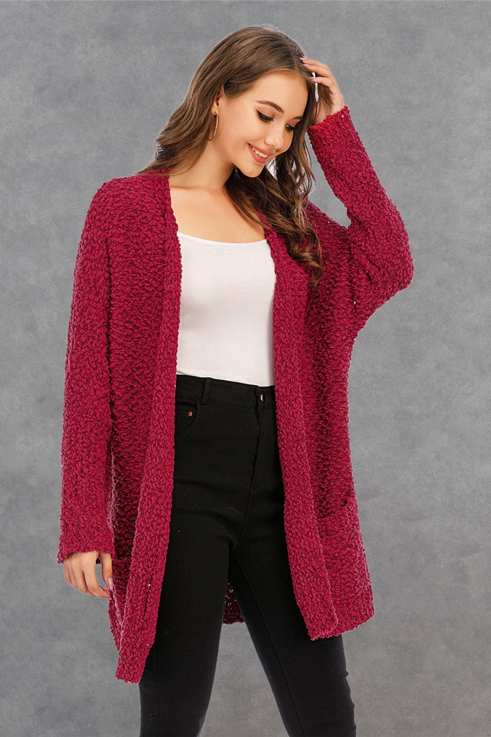 Pocketed Open Front Long Sleeve Cardigan.