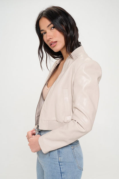 Chic vegan leather bomber jacket