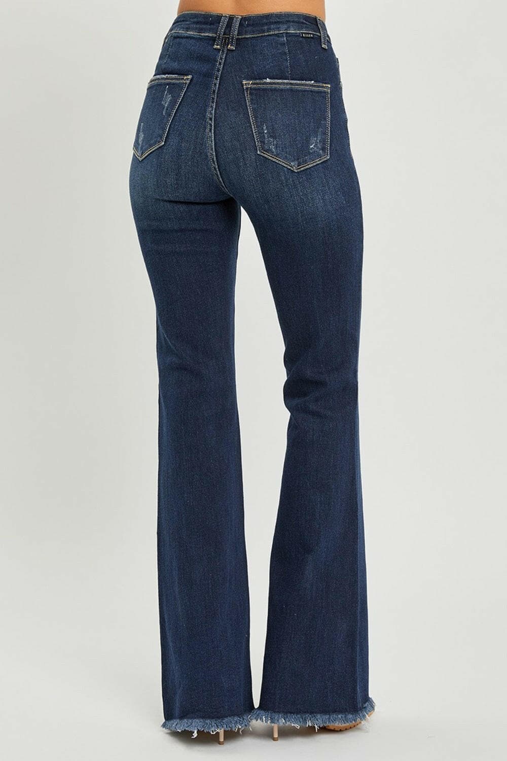 RISEN High Waist Raw Hem Flare Jeans.