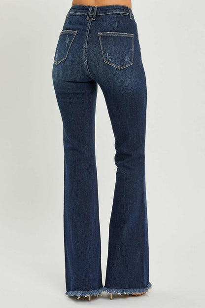 RISEN High Waist Raw Hem Flare Jeans.