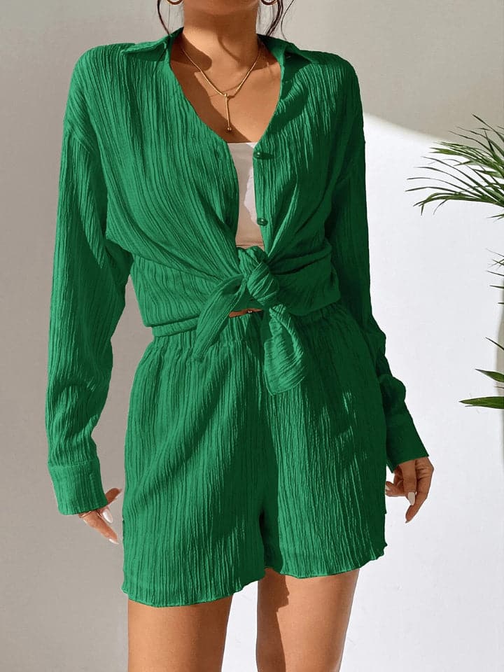 Textured Buttoned Shirt and Shorts Set.