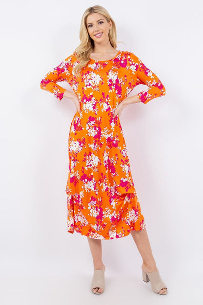 Celeste Full Size Pick-Up Hem Asymmetric Floral Midi Dress.