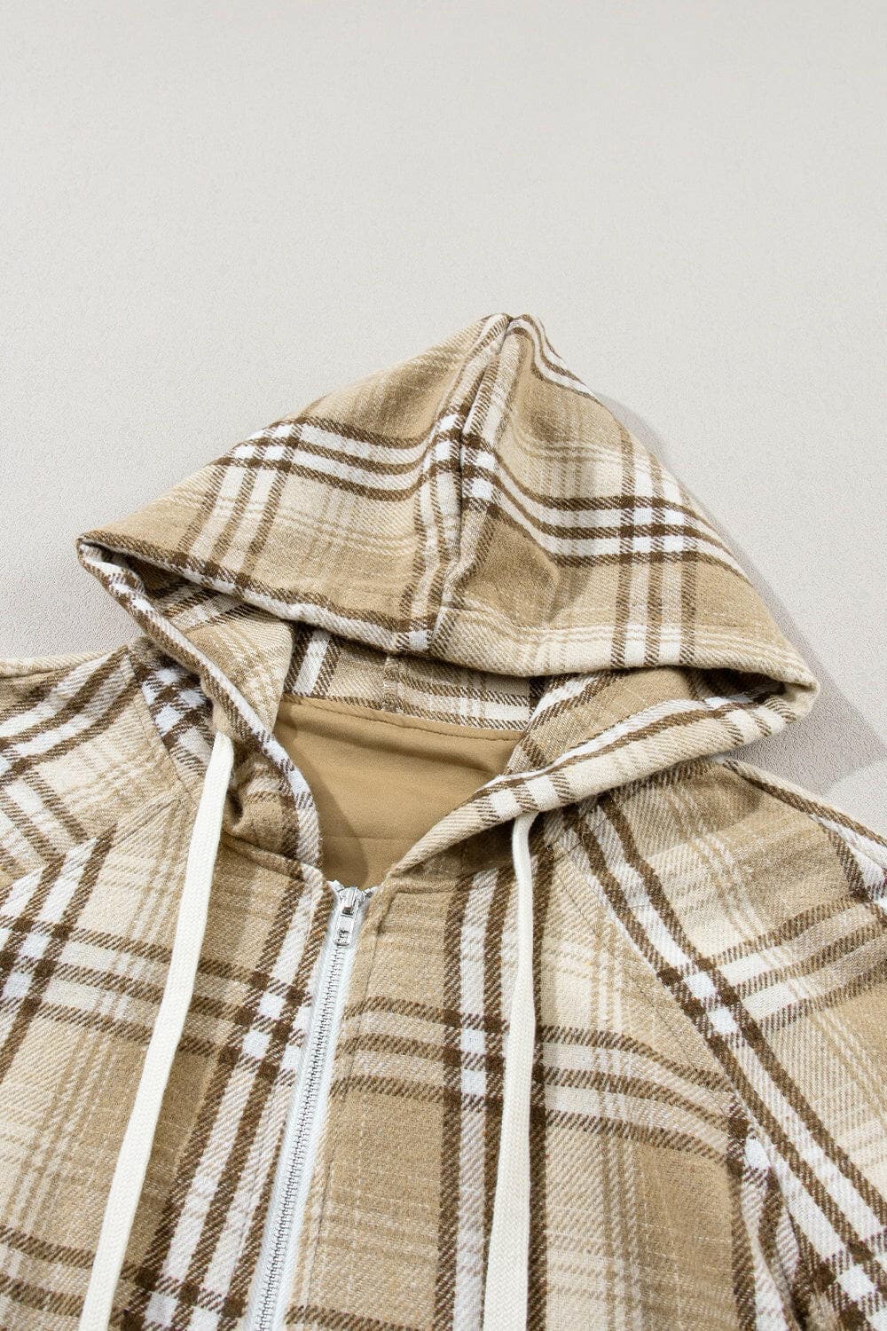 Drawstring Plaid Half Zip Raglan Sleeve Hoodie.