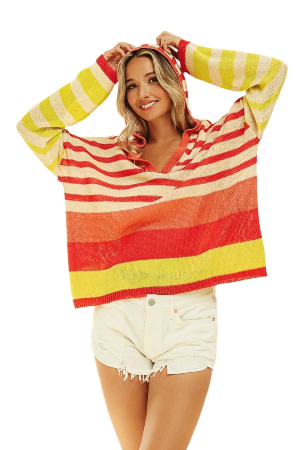 BiBi Striped Color Block Hooded Knit Top.