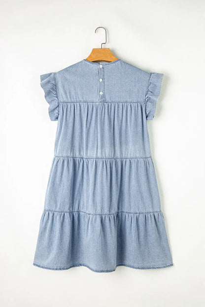 Ruffle Cap Sleeve Tiered A-line Denim Dress