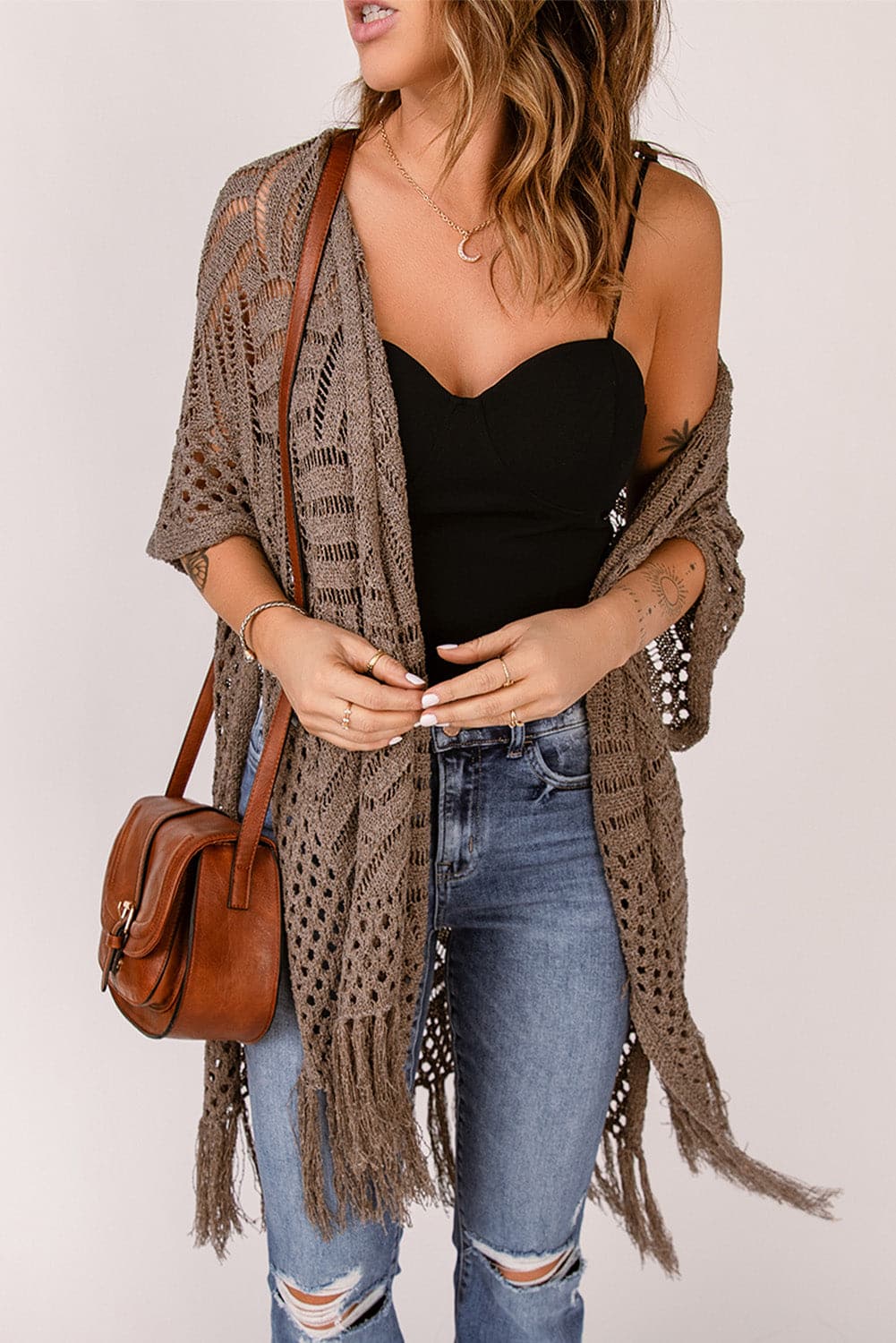 Fringe Hem Slit Open Front Cardigan.