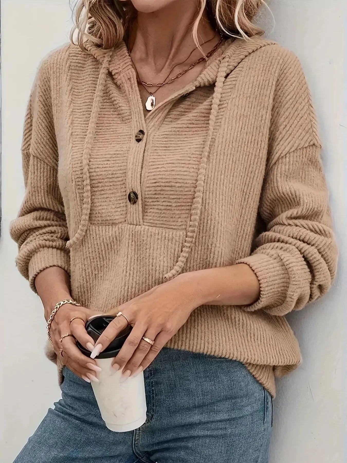 Button-Front Drawstring Hoodie Simply Love