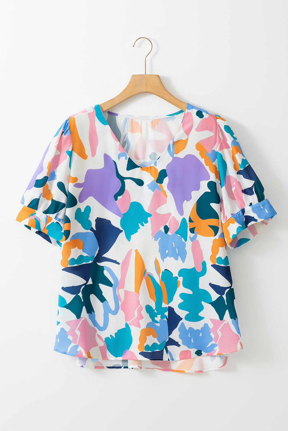 Chic sky blue plus abstract print puff sleeve top