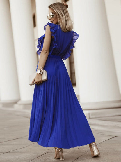 Tied Surplice Cap Sleeve Pleated Dress.