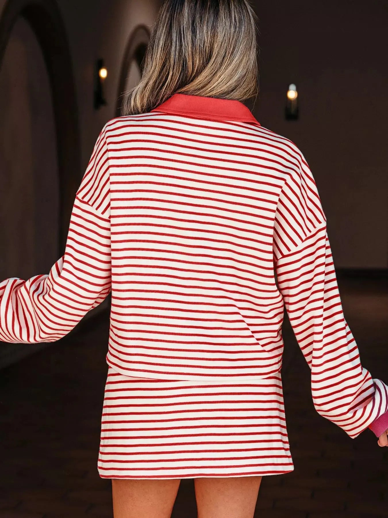 Stripe Collared V Neck Drop Shoulder Pullover and Skort 2pcs Outfit Simply Love