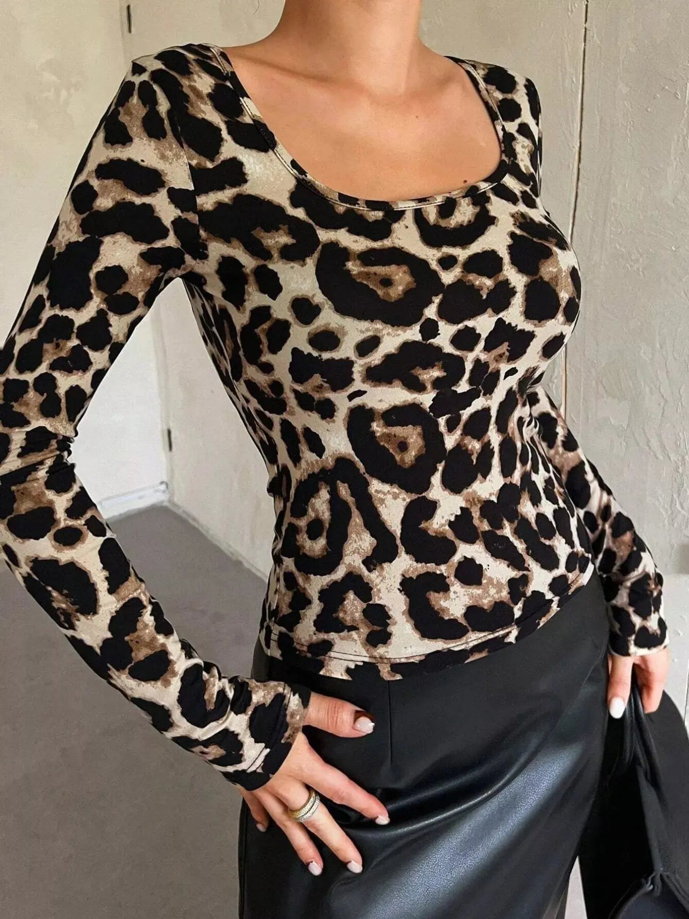Leopard Print Square Neck Long Sleeve Top Simply Love